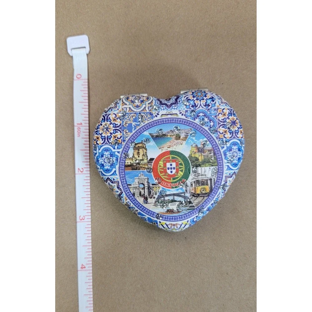 Portugal Souvenir Heart Compact Mirror Azulejo Tile Design Rhinestone Accents